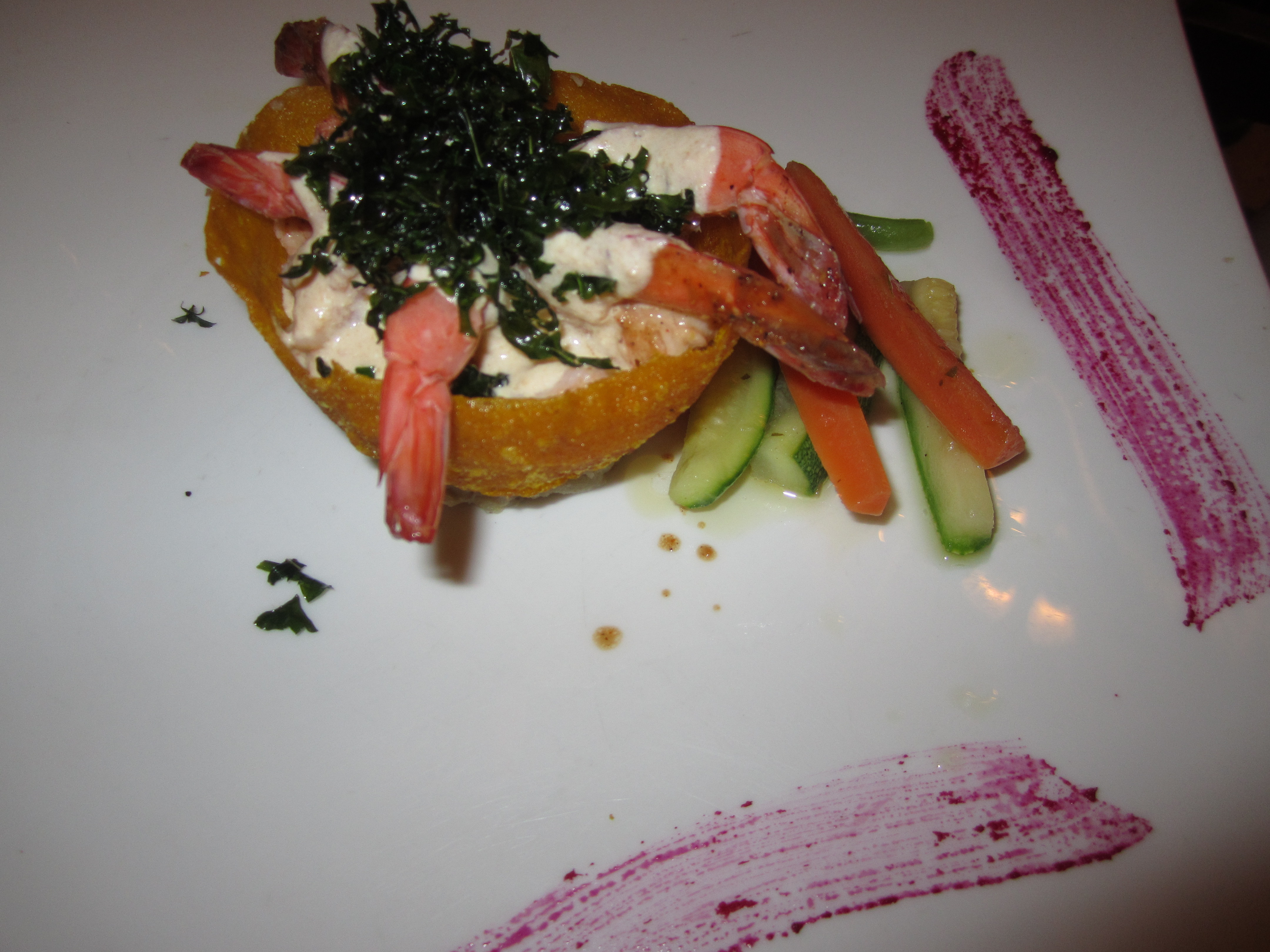 The Royal Cancun Restaureants: Maria-Marie - Coconut Shrimp with Lobster Butter-Cream Sauce Coconut Shrimp with Lobster Butter-Cream Sauce. Topped with crispy fried spinach. This was Daniele's favorite dish, as the flavors of the lobster butter really enhanced the sweetness of the coconut shrimp. The shrimps were fried and just crispy on the tongue and a nice crispness.