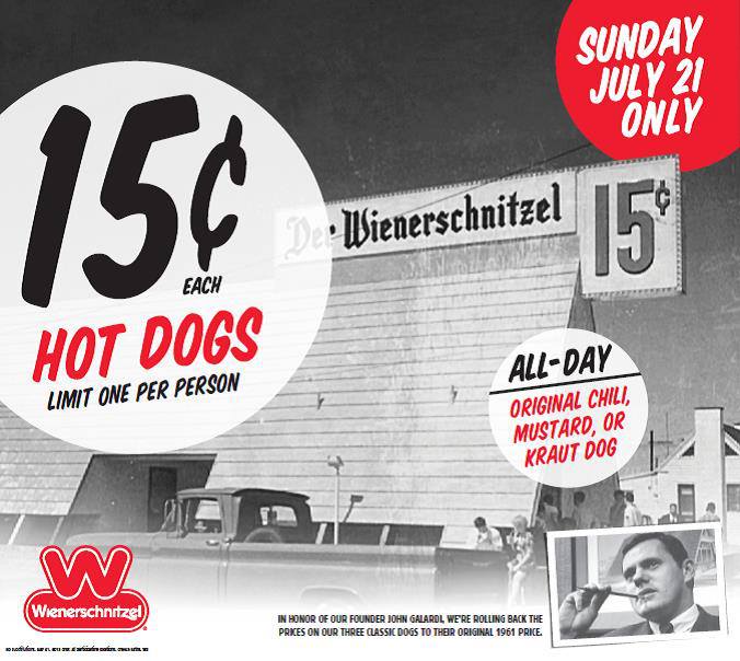 Wienerschnitzel 15 cent hot dog day this Sunday - July 21, 2013