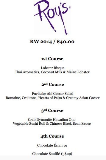 Newport Beach Restaurant Week Roy's Menu