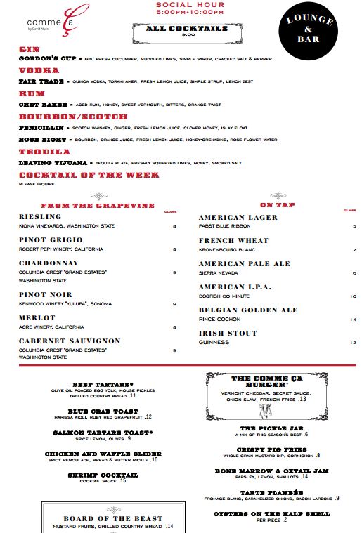 Comme Ca socia hour menu