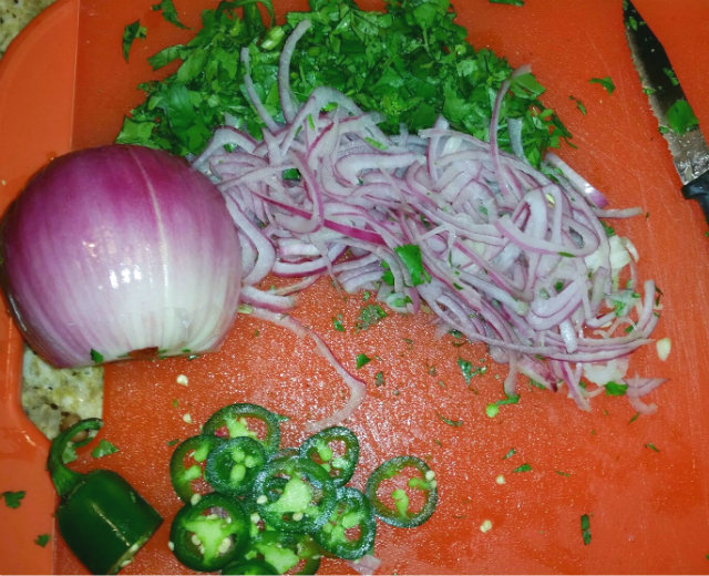 Cut up onions and Jalapenos